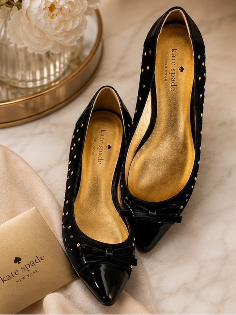 Kate Spade Black Studded Bow Flats✨ Gold Detail Pointed Toe Classic Luxury - Picture 5 of 7